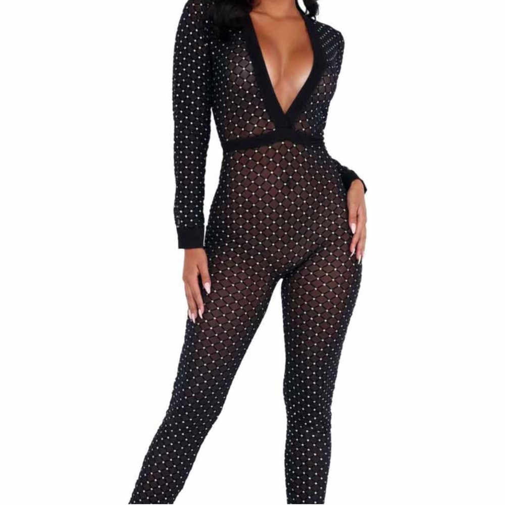 Trashy Lingerie x Roma Black Bedazzled Catsuit Bodysuit Jumpsuit Festival Rave